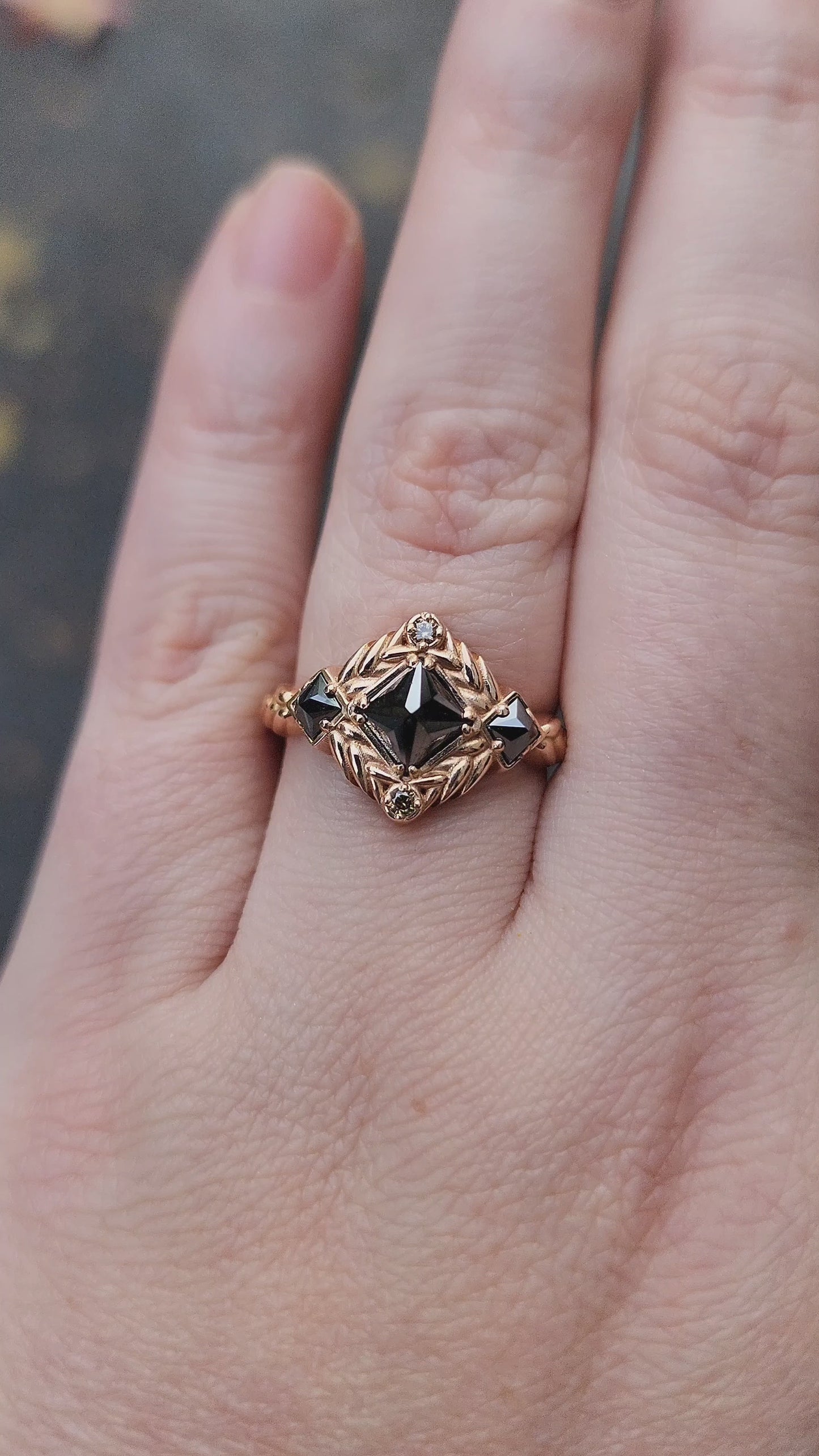 Load and play video in Gallery viewer, Ready to Ship Size 6 - 8 - Reverse Set Black Princess Diamond Engagement Ring - Sweetgrass Botanical Collection
