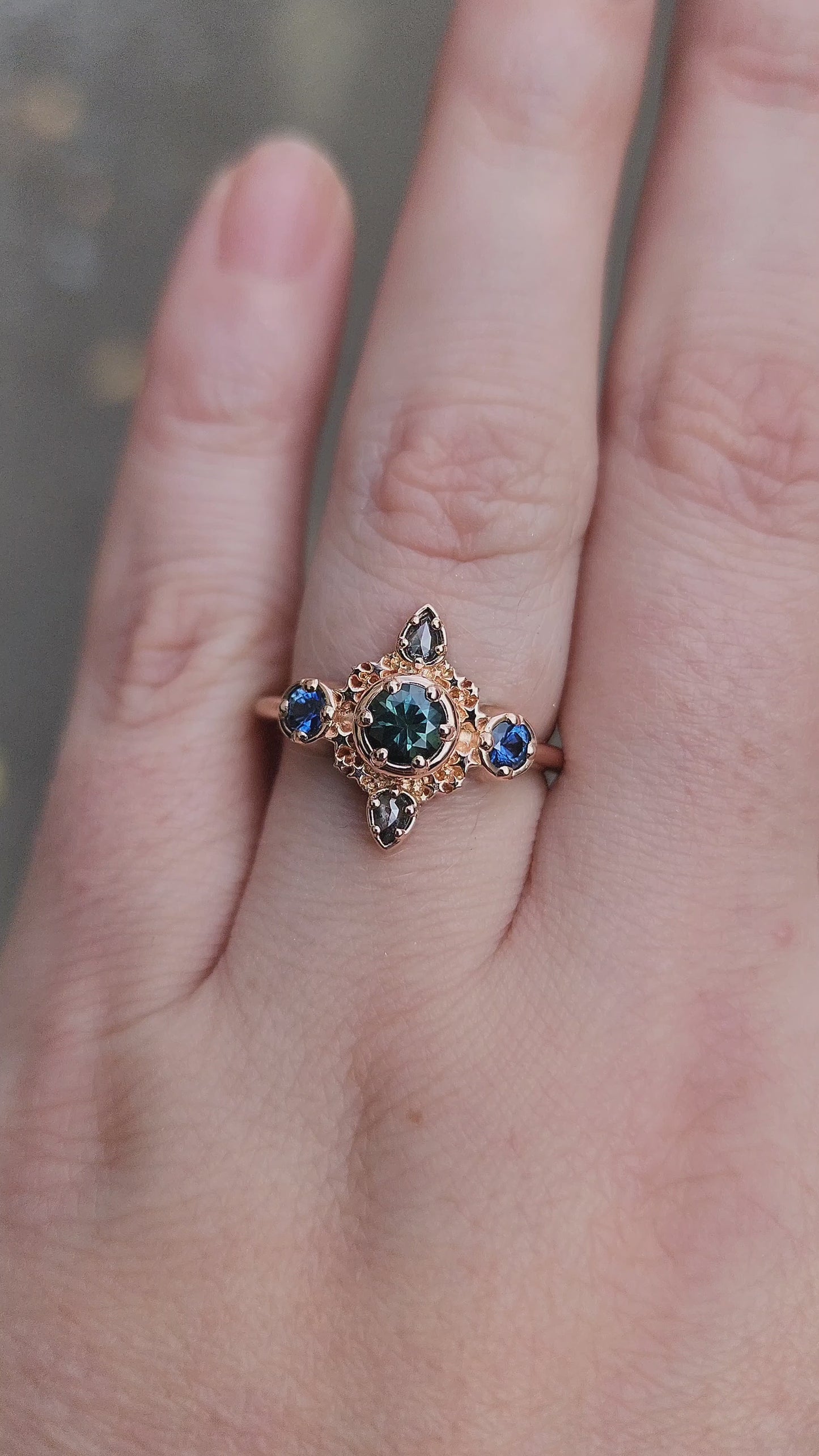 Load and play video in Gallery viewer, teal and blue montana sapphire stardust 14k gold ring with galaxy pear diamonds gift for her anniversary 
