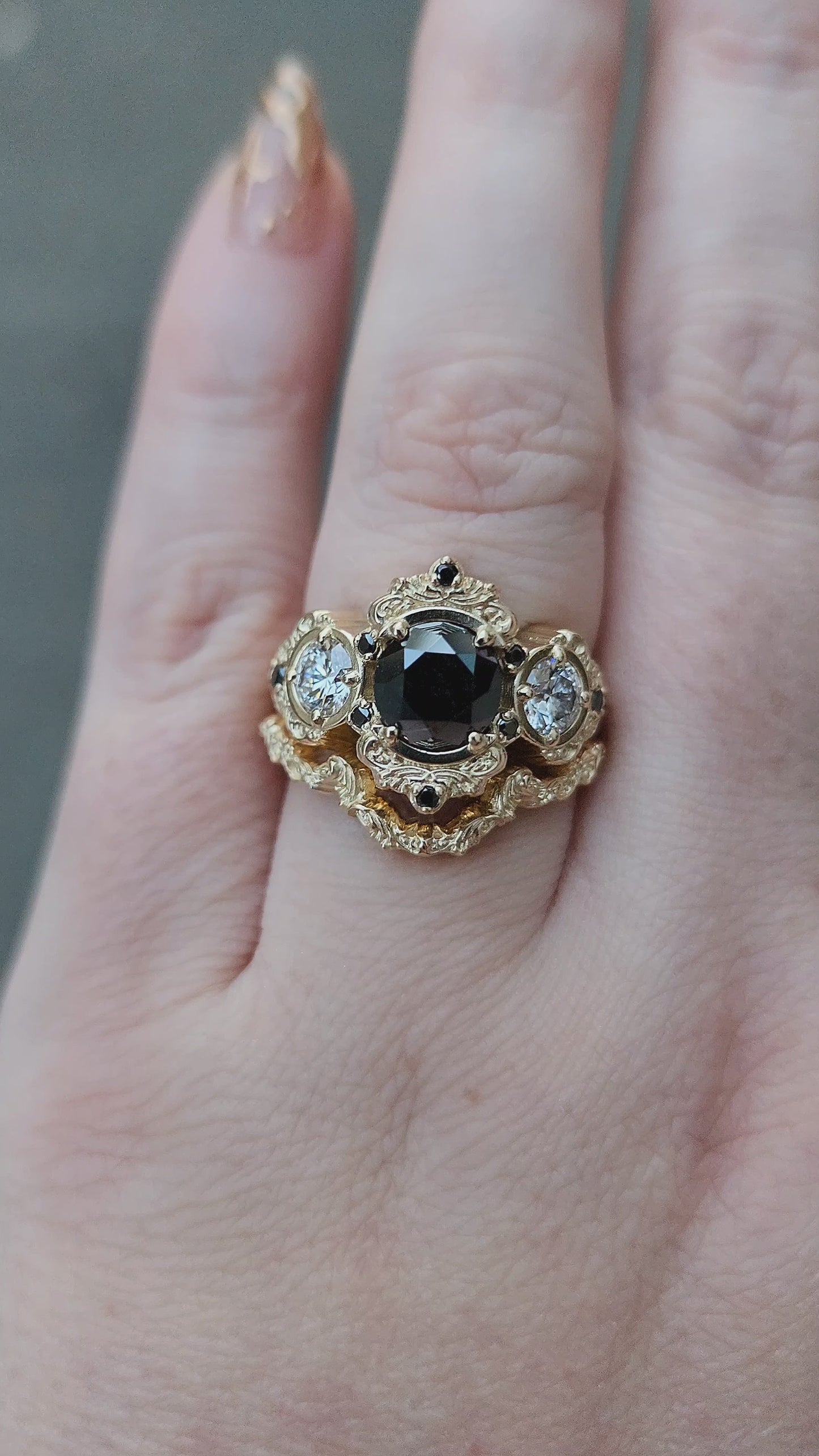 Load and play video in Gallery viewer, Georgette antique styled engagement ring with gold details filigree and diamonds 14k by swankmetalsmithing
