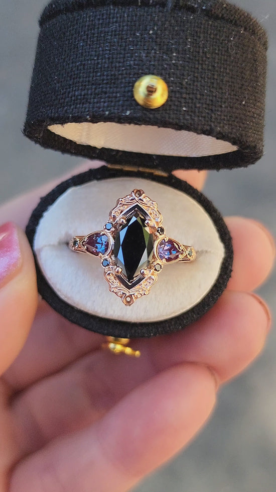 Load and play video in Gallery viewer, Ready to Ship Size 4-6 Odile Black Diamond Marquise Engagement Ring with Chatham Alexandrite Pear Side Stones and Gold Scrollwork - Gothic Fantasy Filigree 14k Rose Gold Handmade Ring
