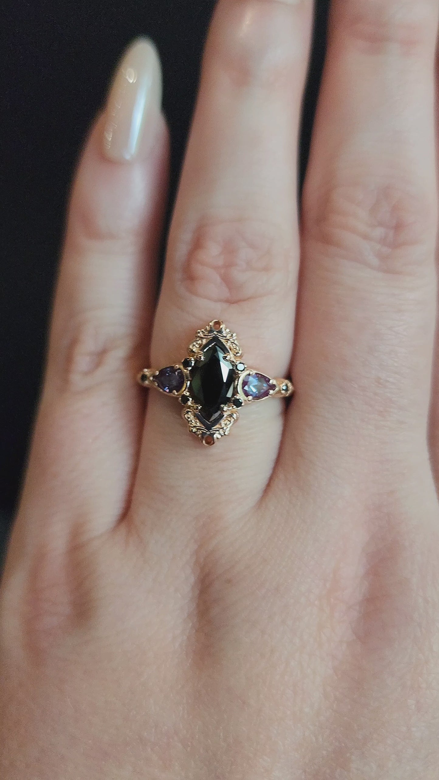 Load and play video in Gallery viewer, Odile black diamond marquise dark unique ethereal gothic romance engagement ring 14k gold fancy jewelry fairytale 
