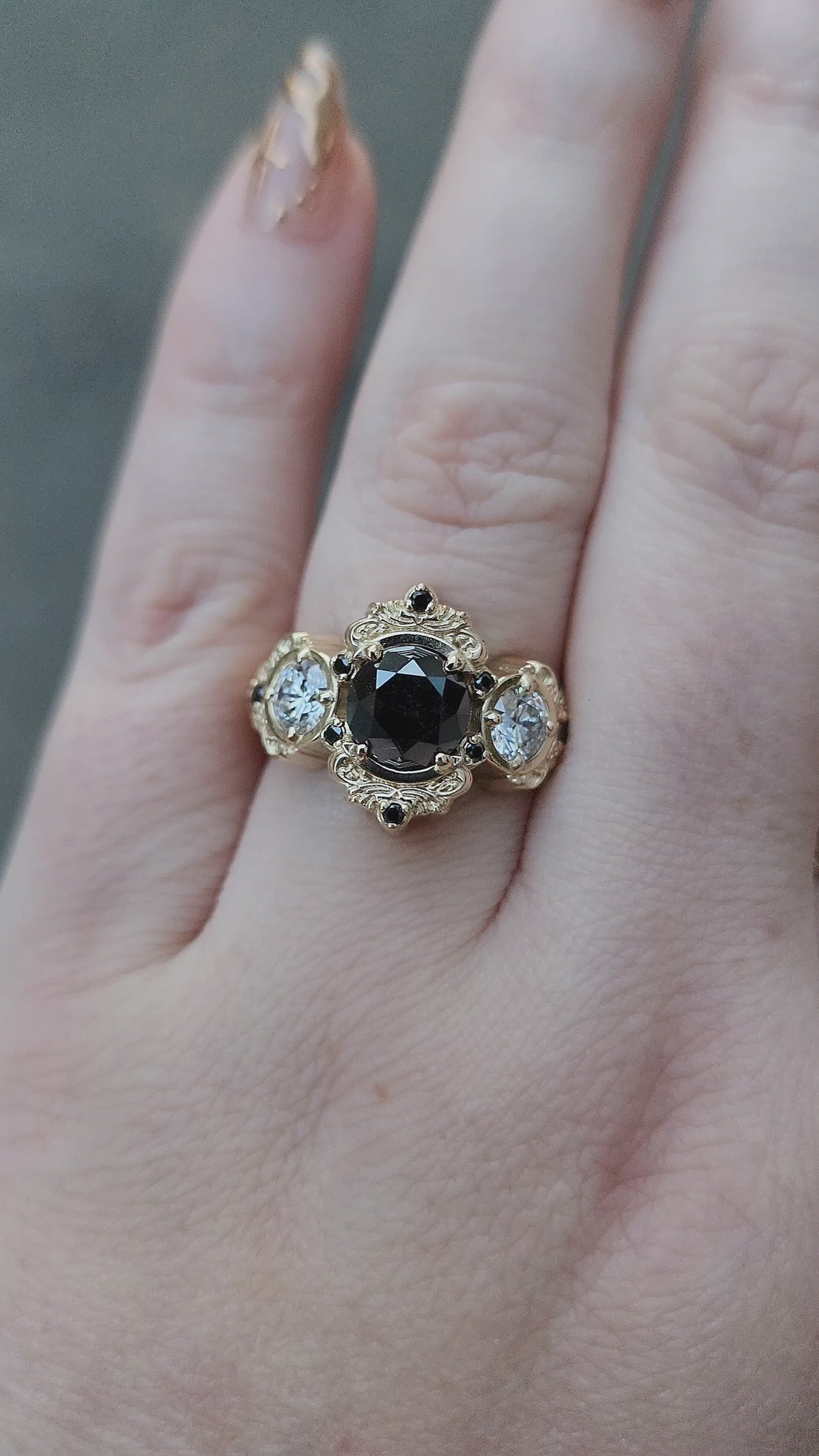 Load and play video in Gallery viewer, Georgette antique styled engagement ring with gold details filigree and diamonds 14k by swankmetalsmithing
