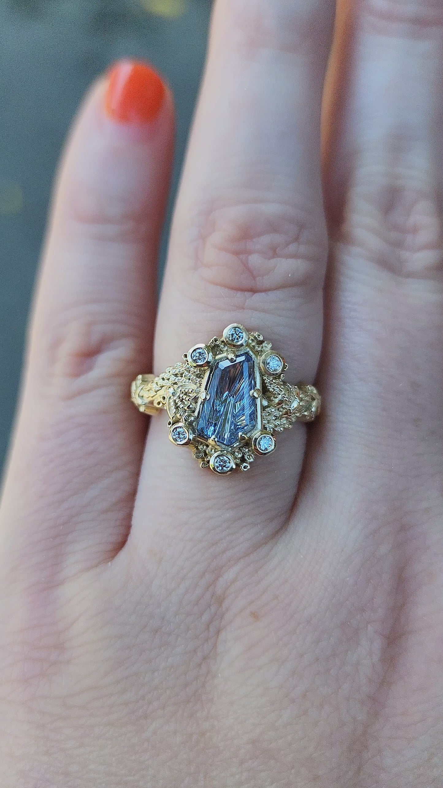 Load and play video in Gallery viewer, Siren Engagement Ring with a Blue Sapphire Fancy Cut - Seashells Barnacles, Diamonds, 14k yellow gold
