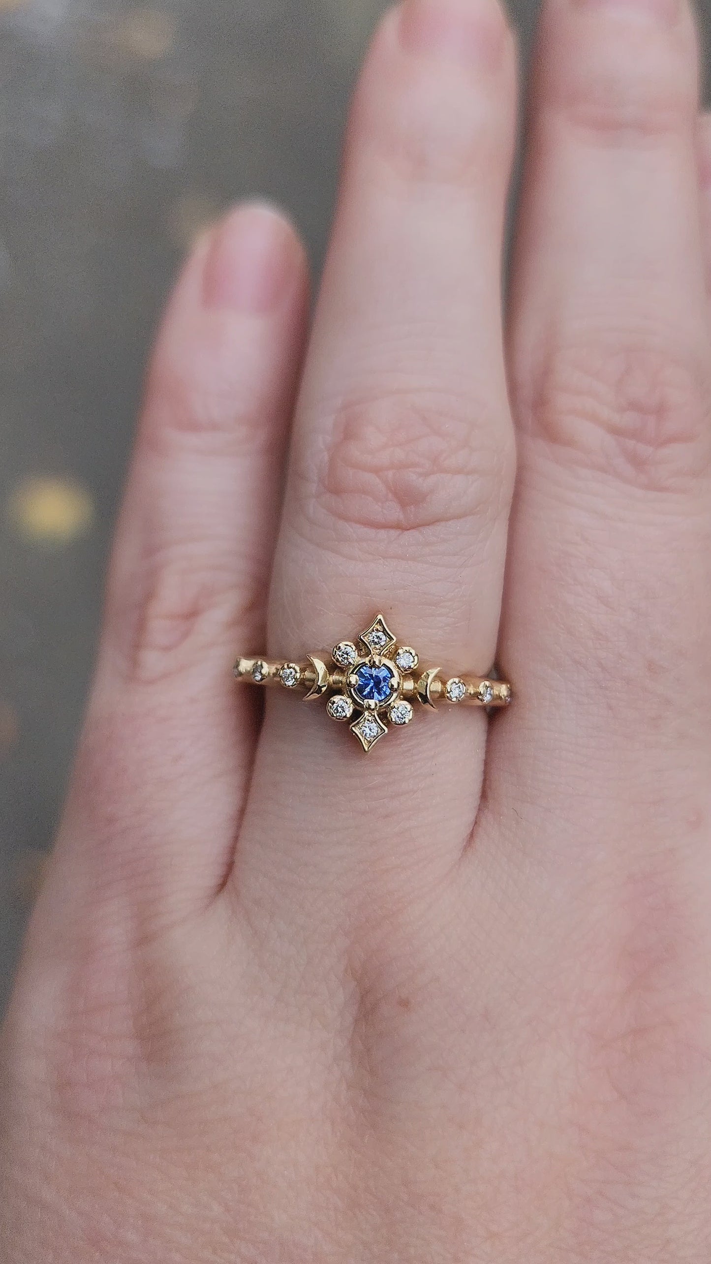 Load and play video in Gallery viewer, cornflower blue sapphire delicate triple moon ring with diamonds 14k yellow gold
