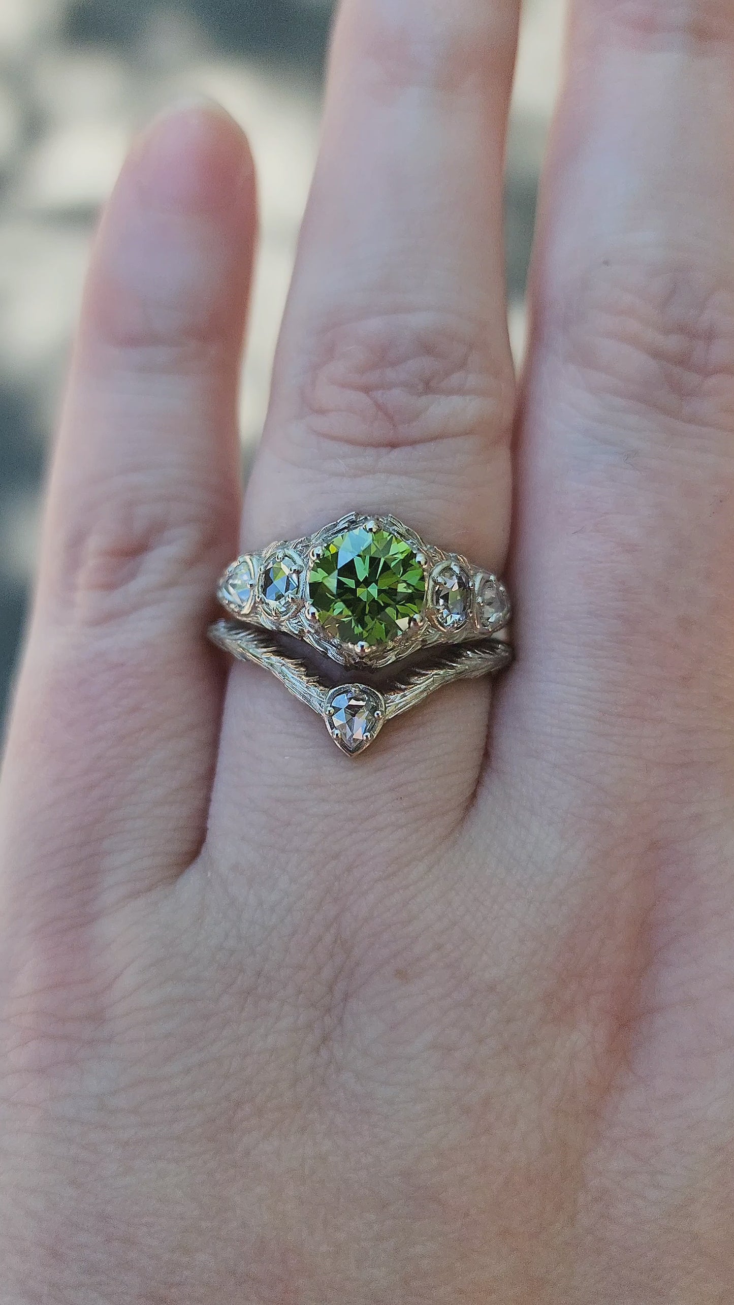 Load and play video in Gallery viewer, Ready to Ship Size 6-8 Green Diamond Bramble Engagement Ring with Rose Cut Oval &amp;amp; Pear Diamonds and Forest Chevron Wedding Band - Nature Inspired Fine Jewelry
