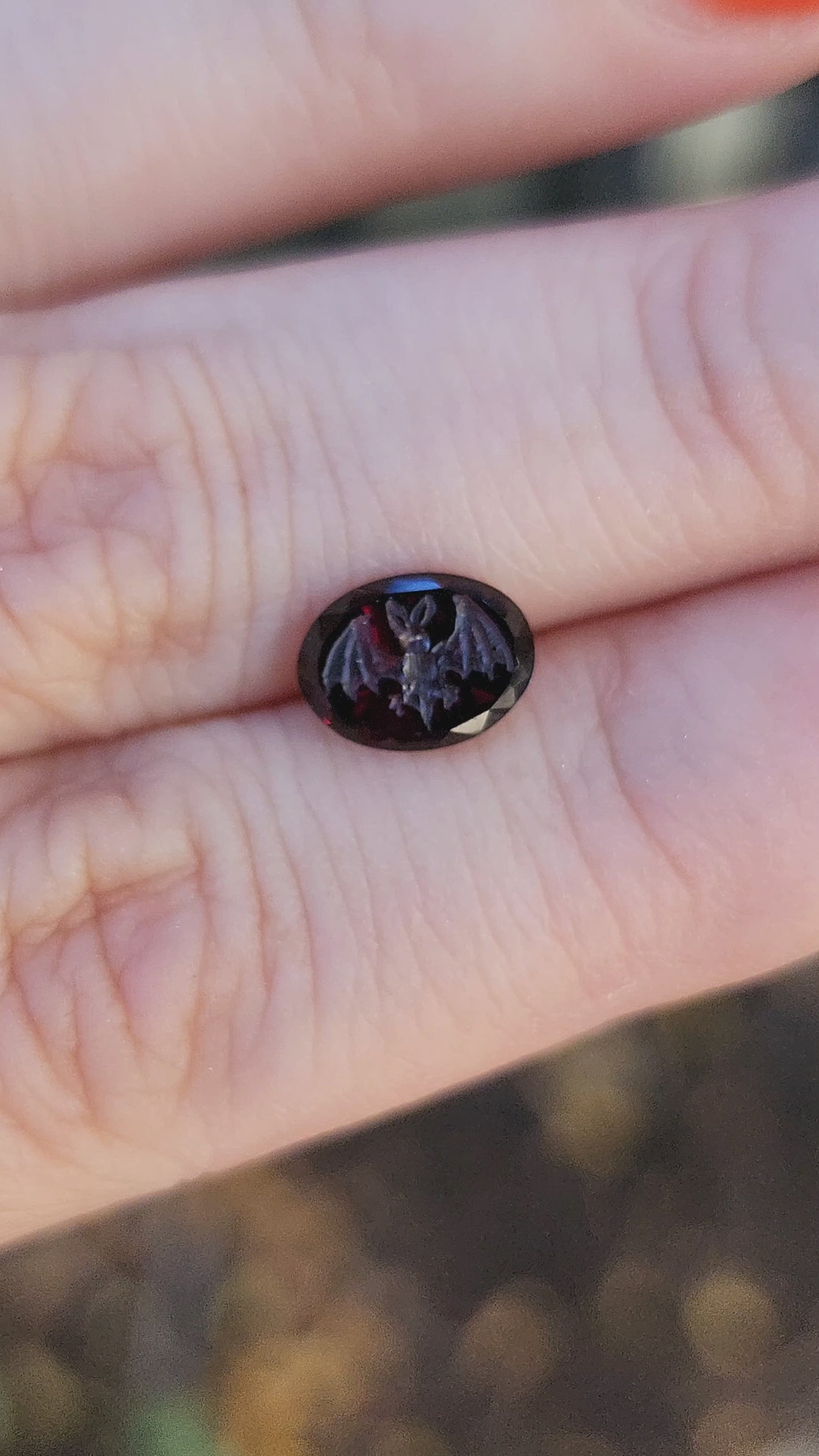 Load and play video in Gallery viewer, MADE To ORDER - Vampire - Bat Garnet Intaglio Gothic Victorian Style Ring Set with Rose Cut Garnets - Blood Red - Drawlloween
