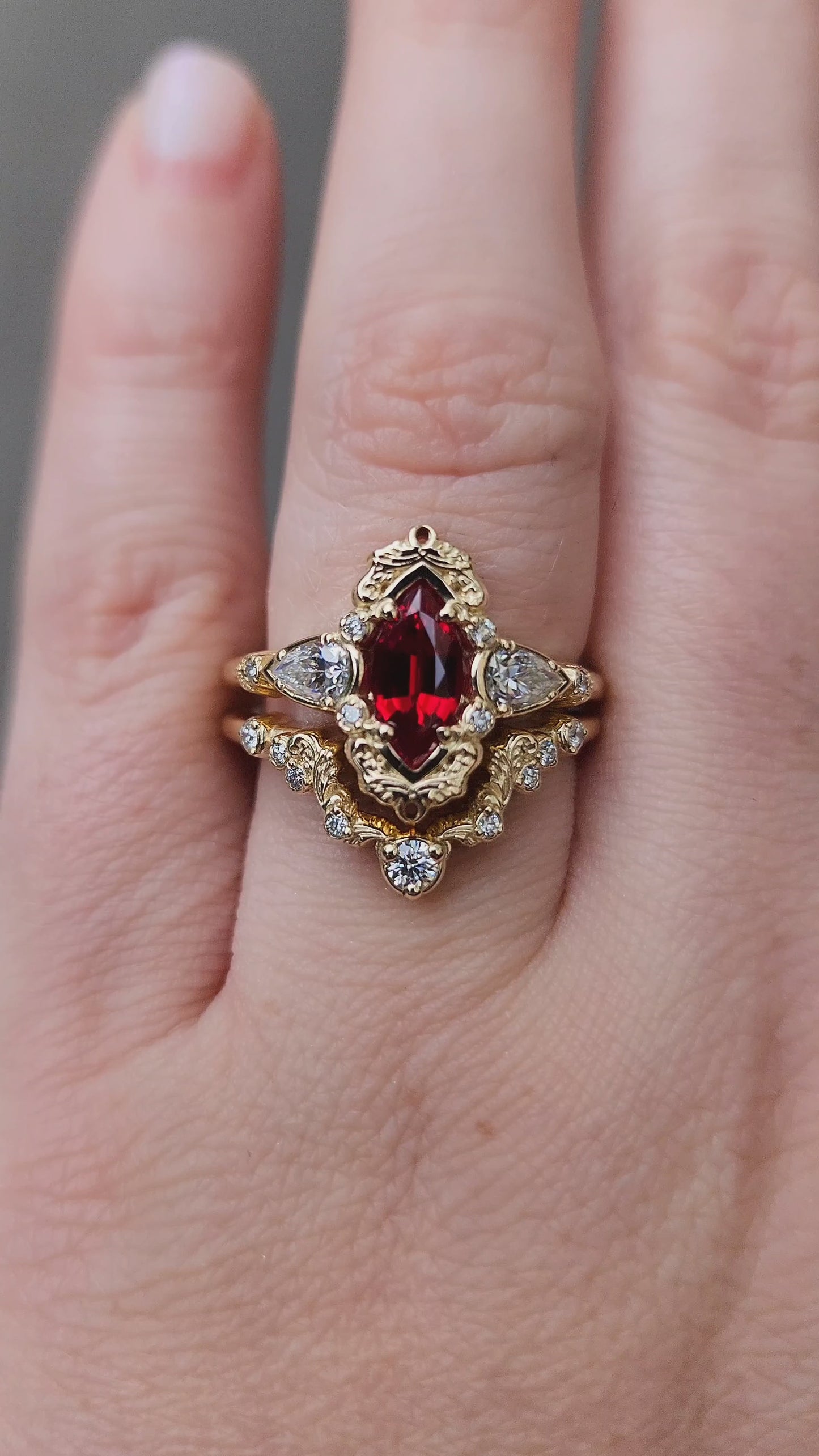 Load and play video in Gallery viewer, Chatham Ruby Marquise Odette ring fairytale wedding ring details filigree pear diamond sides 14k gold made in portland oregon artisan jewelry 
