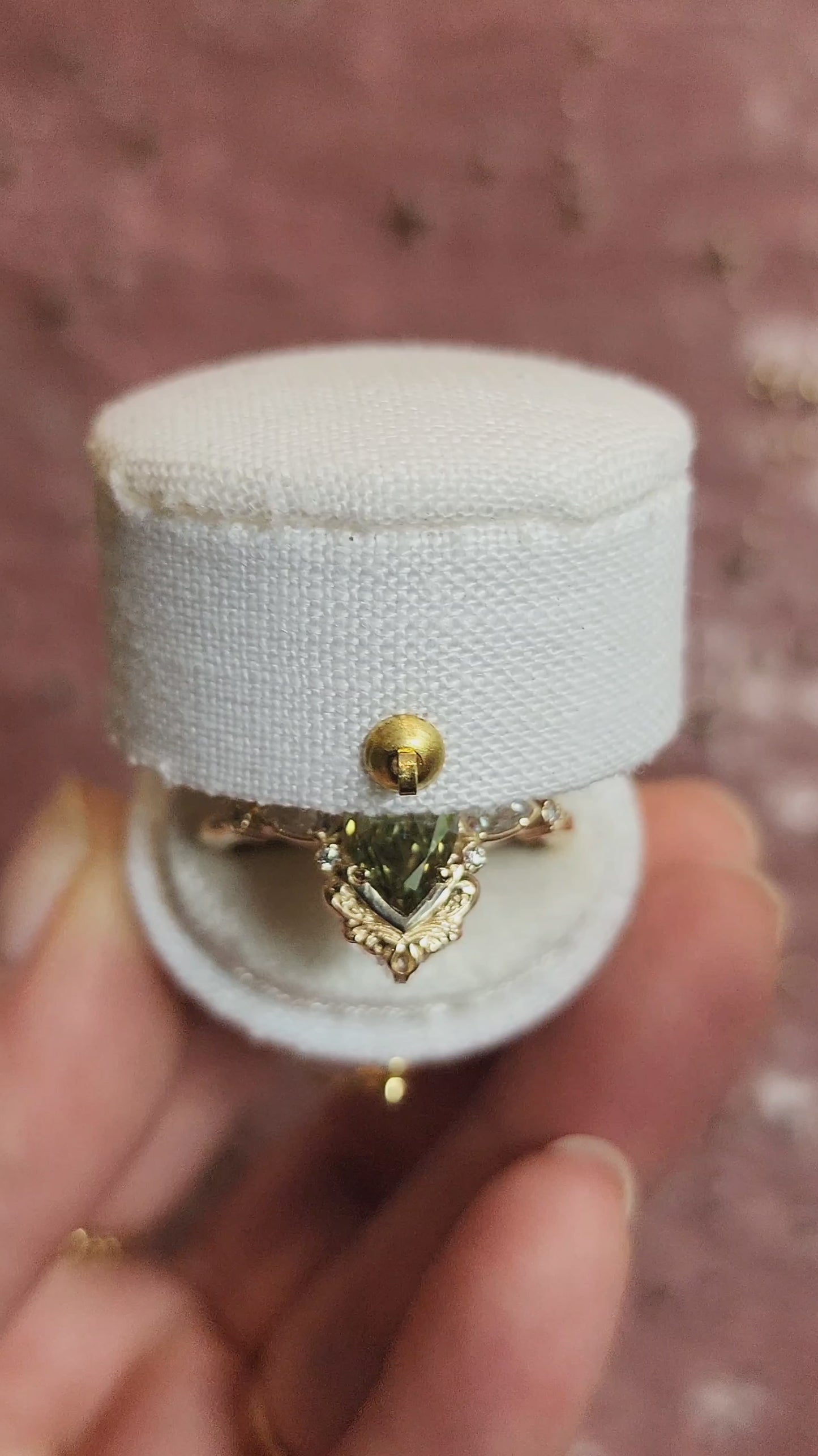 Load and play video in Gallery viewer, Fairy green marquise moissanite engagement ring Odette with gold scroll side band and diamond accents 14k yellow gold vintage inspired artisan fine jewelry made in portland oregon
