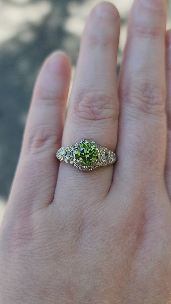 Load and play video in Gallery viewer, Ready to Ship Size 6-8 Green Diamond Bramble Engagement Ring with Rose Cut Oval &amp;amp; Pear Diamonds and Forest Chevron Wedding Band - Nature Inspired Fine Jewelry

