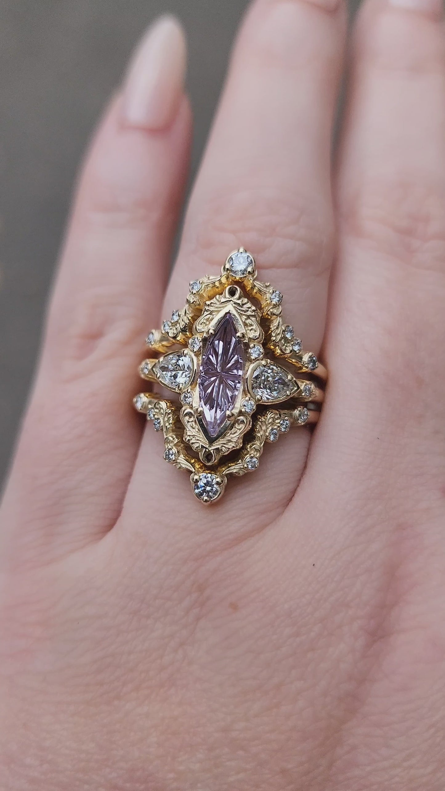 Load and play video in Gallery viewer, john dyer purple sapphire starbrite odette set by swankmetalsmithing vintage inspired 14k yellow gold 3 ring set with diamonds and filigree
