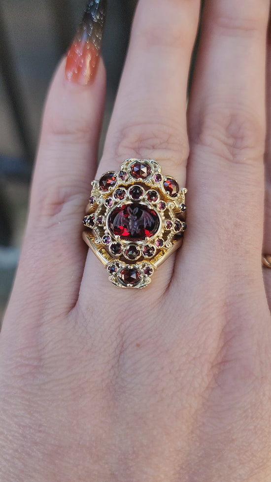 Load and play video in Gallery viewer, MADE To ORDER - Vampire - Bat Garnet Intaglio Gothic Victorian Style Ring Set with Rose Cut Garnets - Blood Red - Drawlloween
