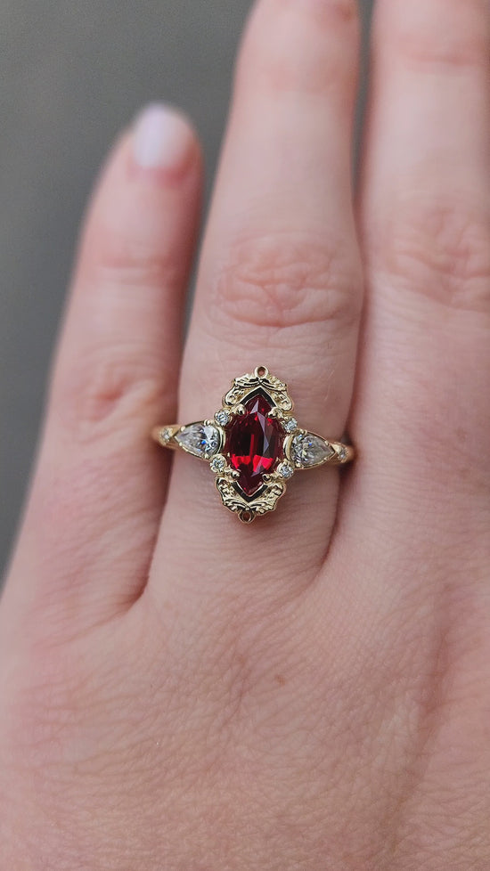 Load and play video in Gallery viewer, Chatham Ruby Marquise Odette ring fairytale wedding ring details filigree pear diamond sides 14k gold made in portland oregon artisan jewelry 
