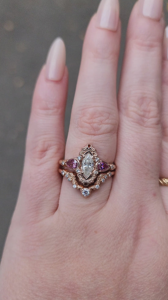 Load and play video in Gallery viewer, Ready to Ship Size 6-8 Odette Marquise Engagement Ring Set with Pink Moissanite Pear Accents - Delicate Gold Scroll Details and Matching Diamond Wedding Band 14k Rose Gold
