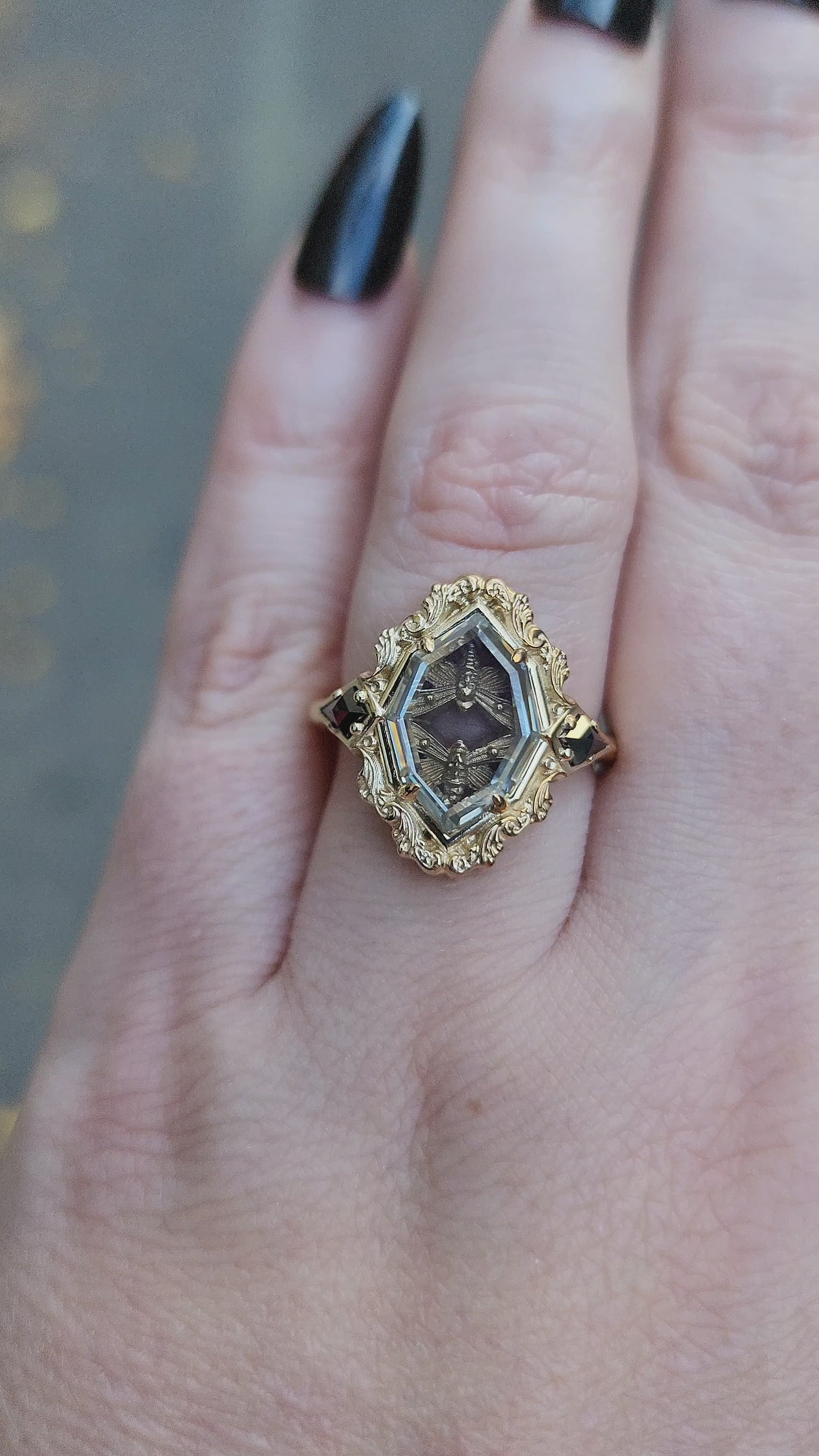 Load and play video in Gallery viewer, portrait cut moissanite and black diamond death head hawk moth ring with black diamonds 14k gold goth macabre victorian fine jewelry by swankmetalsmithing
