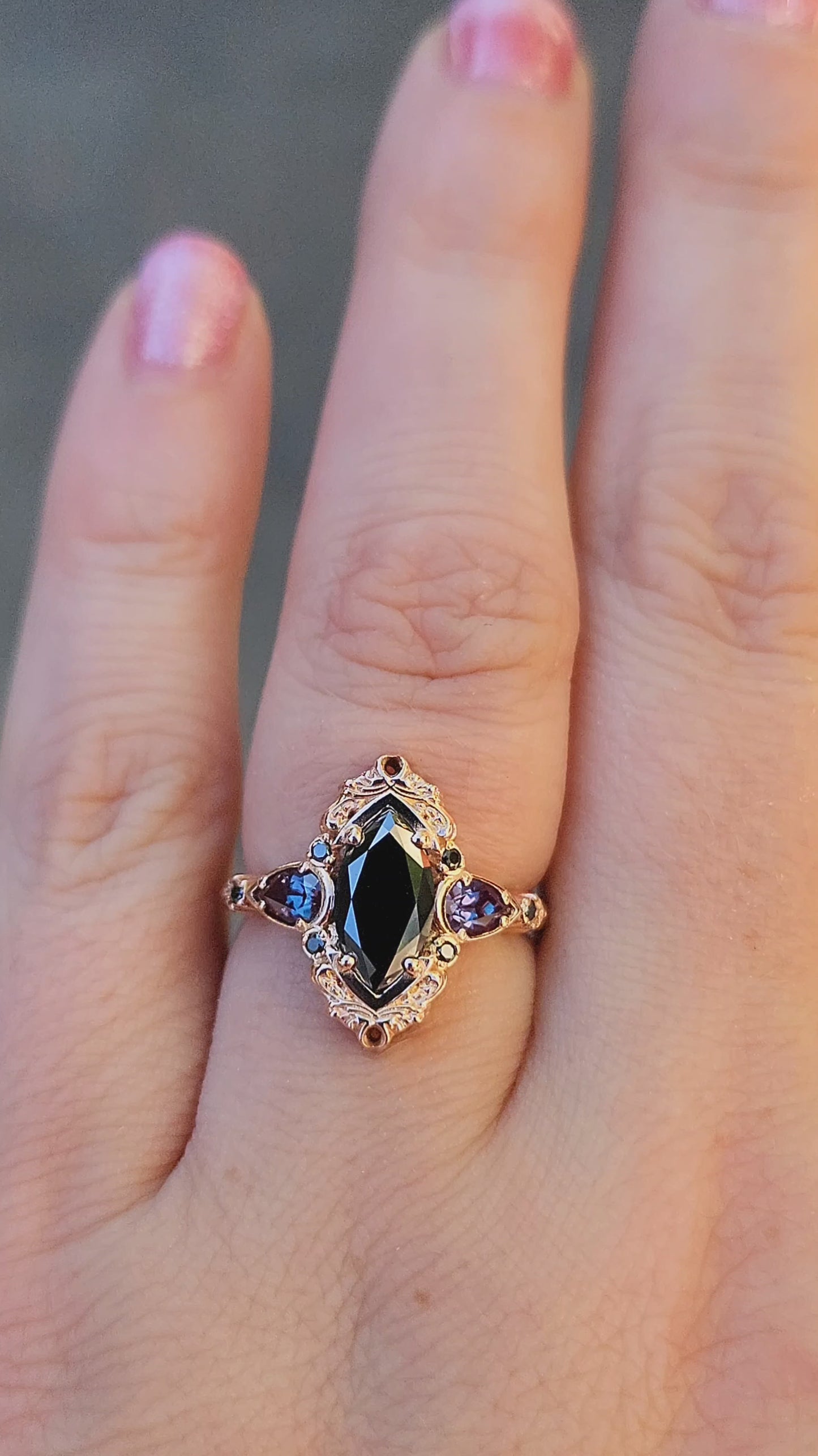 Load and play video in Gallery viewer, Ready to Ship Size 4-6 Odile Black Diamond Marquise Engagement Ring with Chatham Alexandrite Pear Side Stones and Gold Scrollwork - Gothic Fantasy Filigree 14k Rose Gold Handmade Ring
