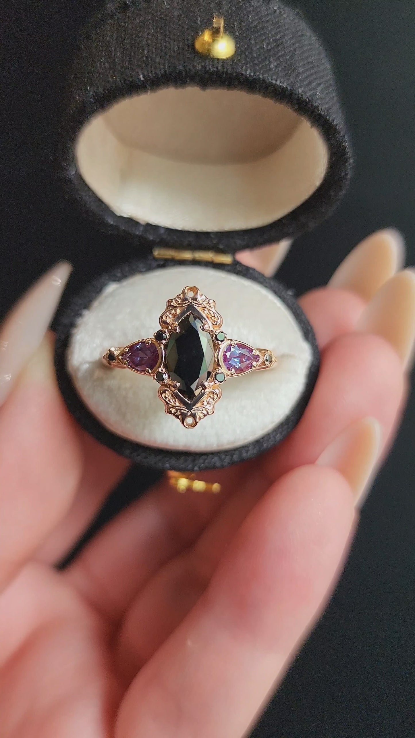 Load and play video in Gallery viewer, Odile Black Diamond Marquise Engagement Ring with Pear Side Stones and Gold Scrollwork - Gothic Fantasy Filigree 14k Gold Handmade Ring
