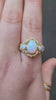 Lab Chatham Opal Ophelia anniversary ring with diamonds and gold scrolls 14k yellow gold