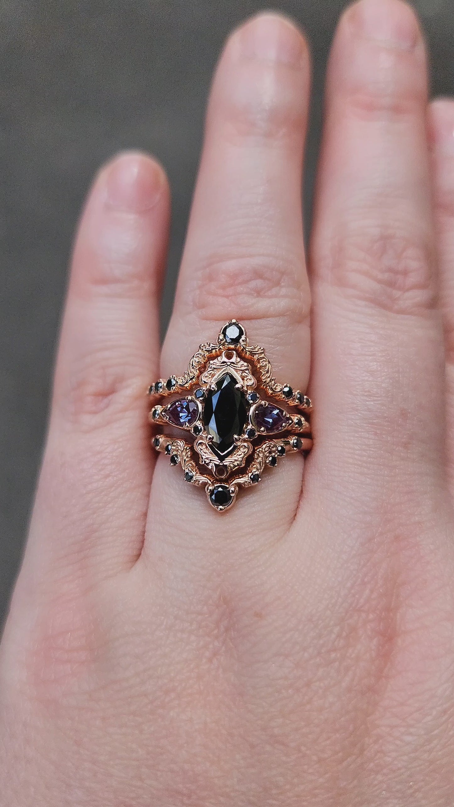 Load and play video in Gallery viewer, Ready to Ship Size 6-8 Odile Black Diamond Marquise Engagement Ring 3 Piece Set with Pear Side Stones and Gold Scrolls - Gothic Fairytale Dark Romance 14k Rose Gold Handmade Ring

