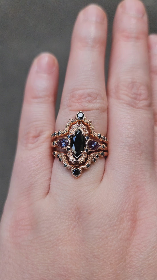 Load and play video in Gallery viewer, Odile Black Diamond Marquise Engagement Ring 3 Piece Set with Pear Side Stones and Gold Scrolls - Gothic Fairytale Dark Romance 14k Rose Gold Handmade Ring
