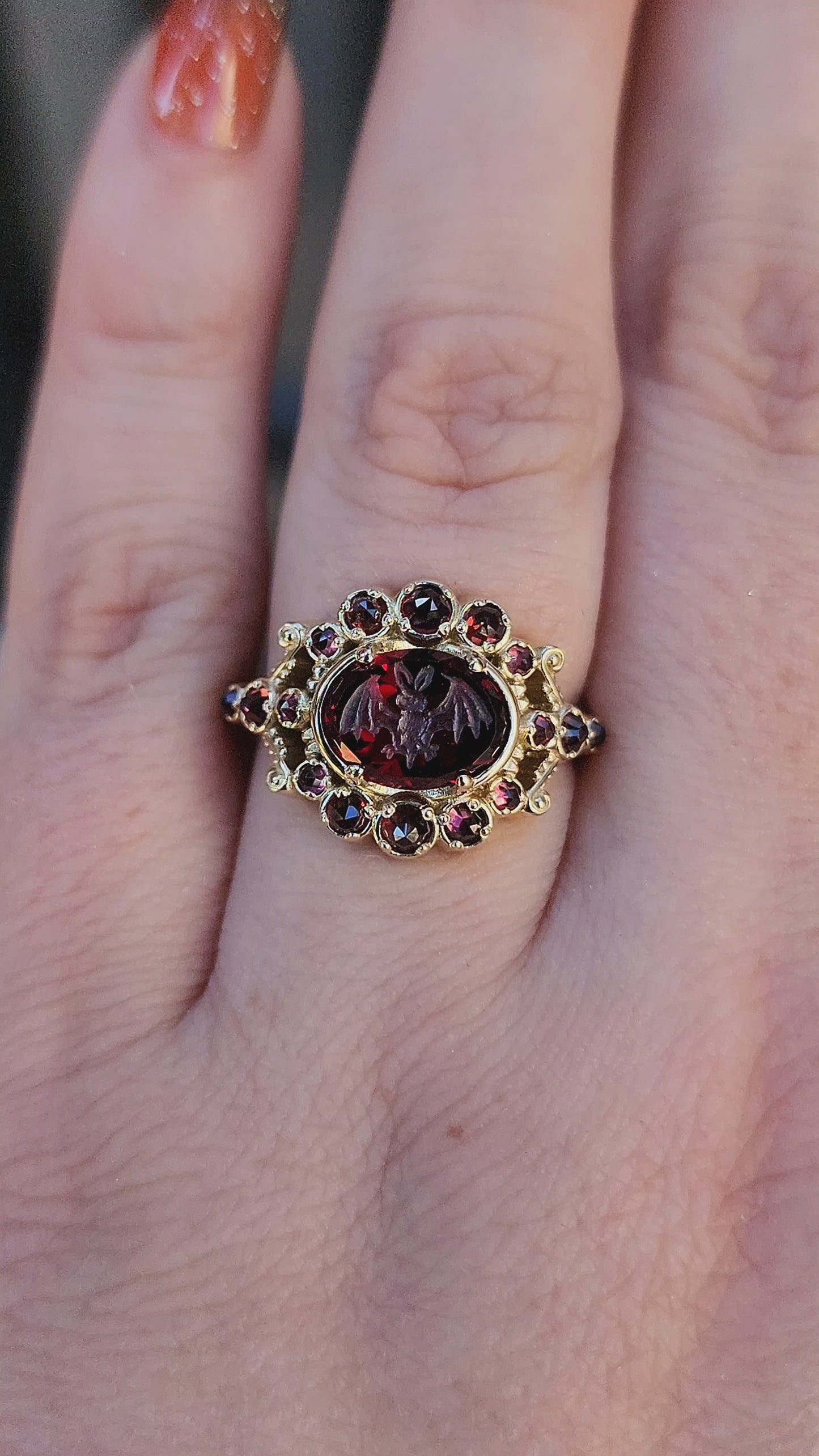 Load and play video in Gallery viewer, READY To SHIP Size 6-8 - Vampire - Bat Garnet Intaglio Gothic Victorian Style Ring Set with Rose Cut Garnets - Blood Red - Drawlloween 14k Yellow Gold
