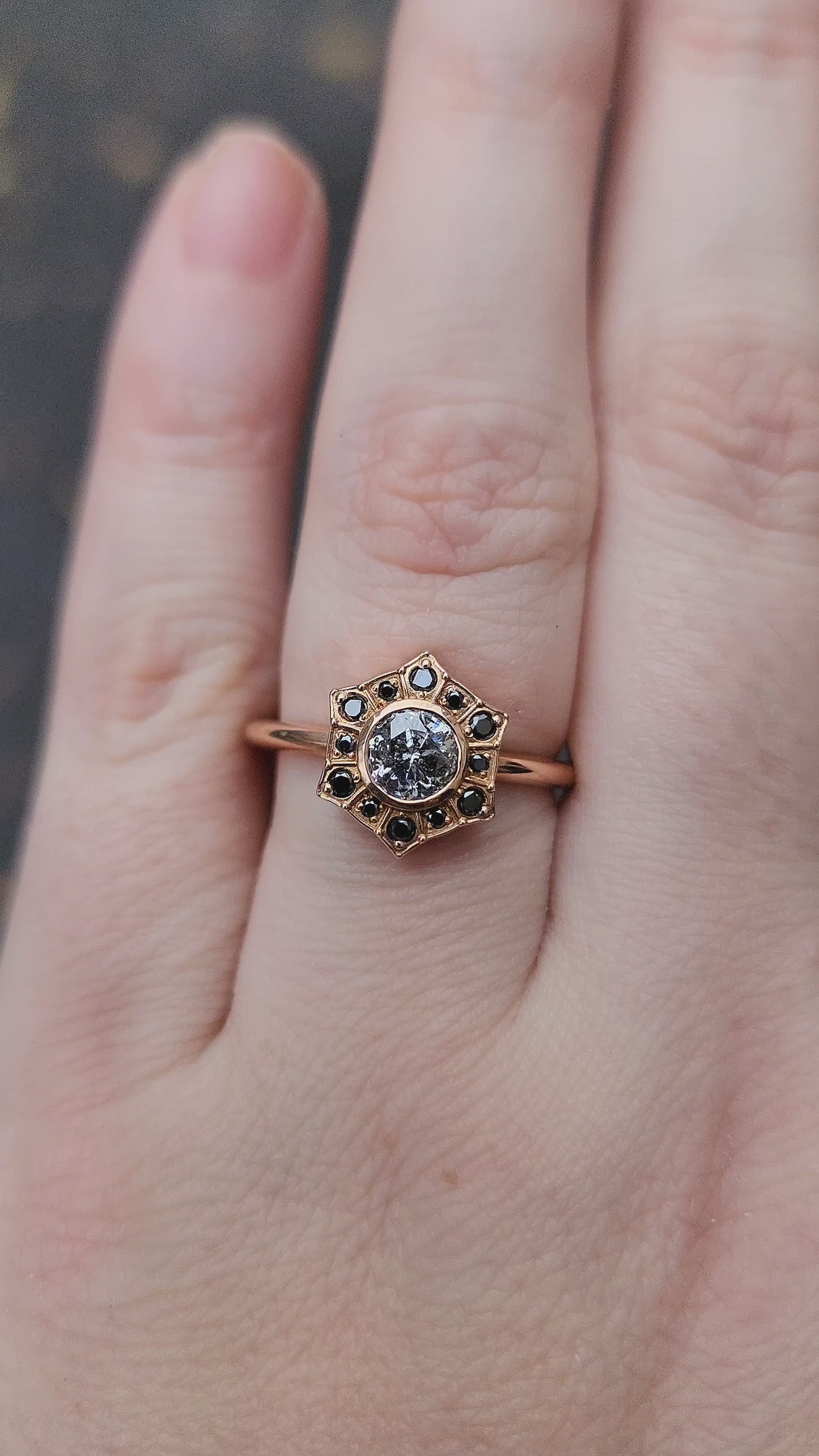 Load and play video in Gallery viewer, Ready to Ship Size 6 - 8 - Salt &amp;amp; Pepper Diamond Art Deco Halo Engagement Ring with Black Diamond Halo - 14k Rose Gold
