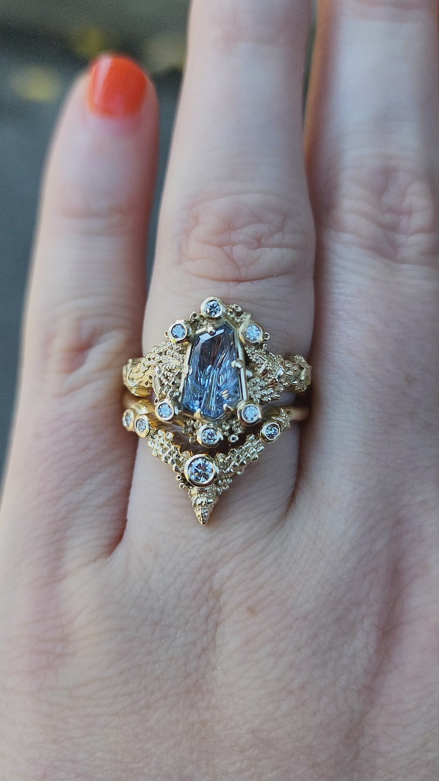 Load and play video in Gallery viewer, Siren Engagement Ring with a Blue Sapphire Fancy Cut - Seashells Barnacles, Diamonds, 14k yellow gold
