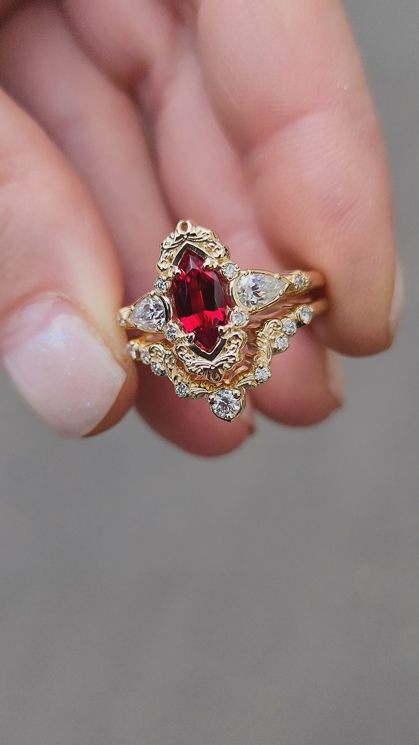 Load and play video in Gallery viewer, Chatham Ruby Marquise Odette ring fairytale wedding ring details filigree pear diamond sides 14k gold made in portland oregon artisan jewelry 
