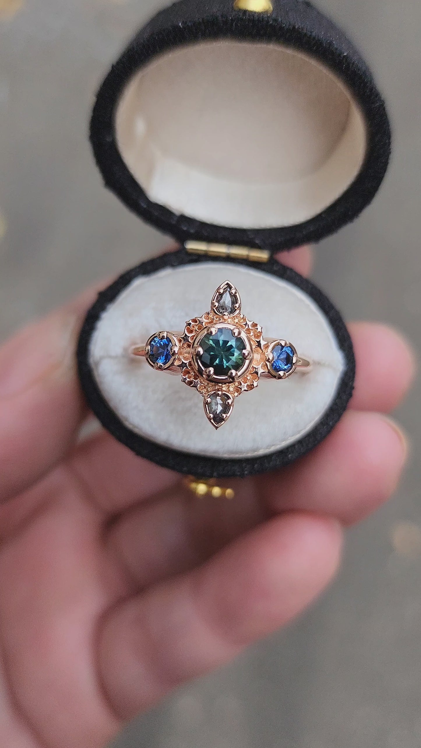 Load and play video in Gallery viewer, teal and blue montana sapphire stardust 14k gold ring with galaxy pear diamonds gift for her anniversary 
