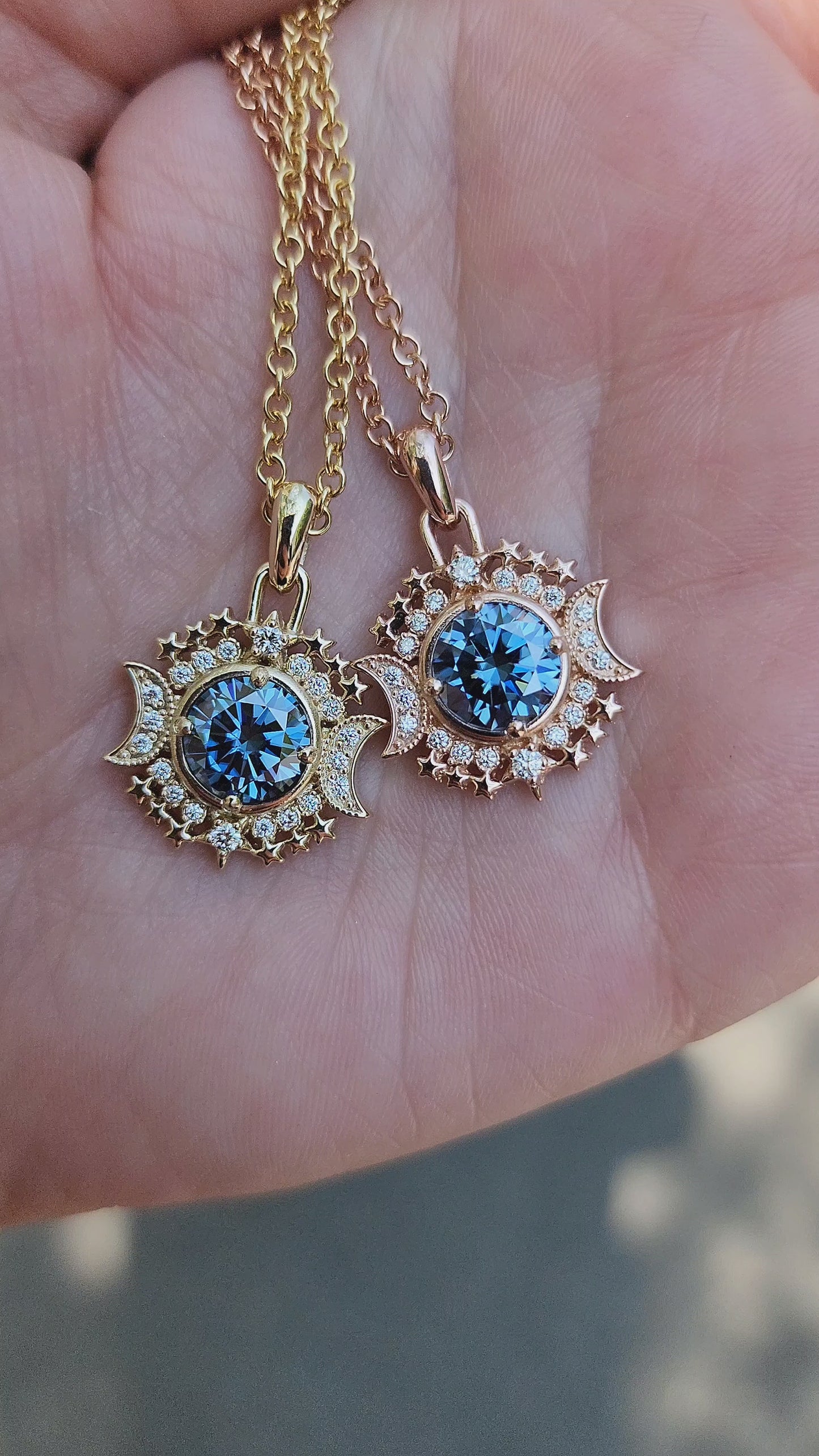 Load and play video in Gallery viewer, Ready to Ship Blue Moon Pendants with Blue Moissanite and Natural Diamonds - 14k Yellow Gold or 14k Rose Gold
