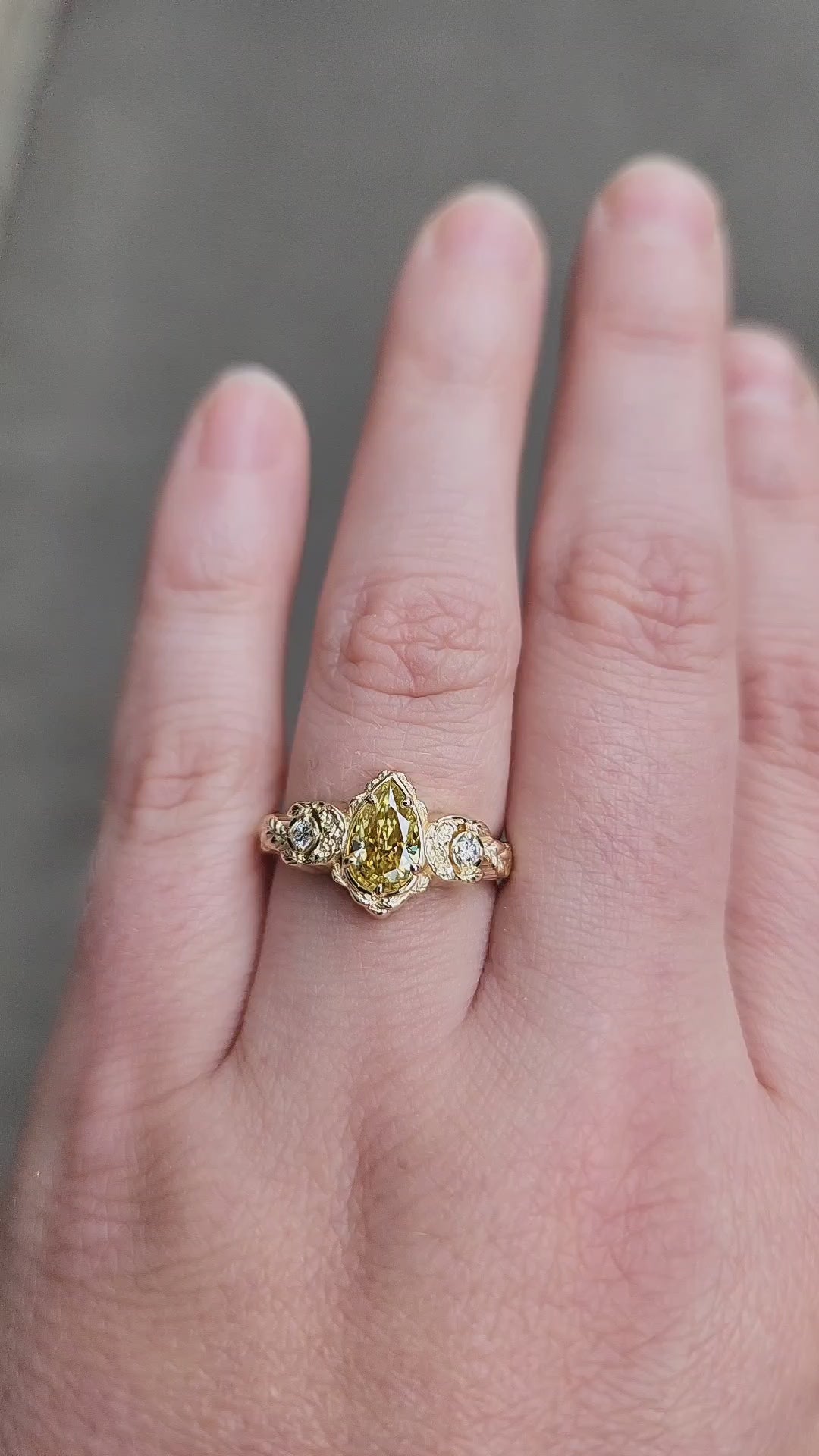 Leaf & Crescent Moon Ring with Yellow Moissanite Tear Drop and