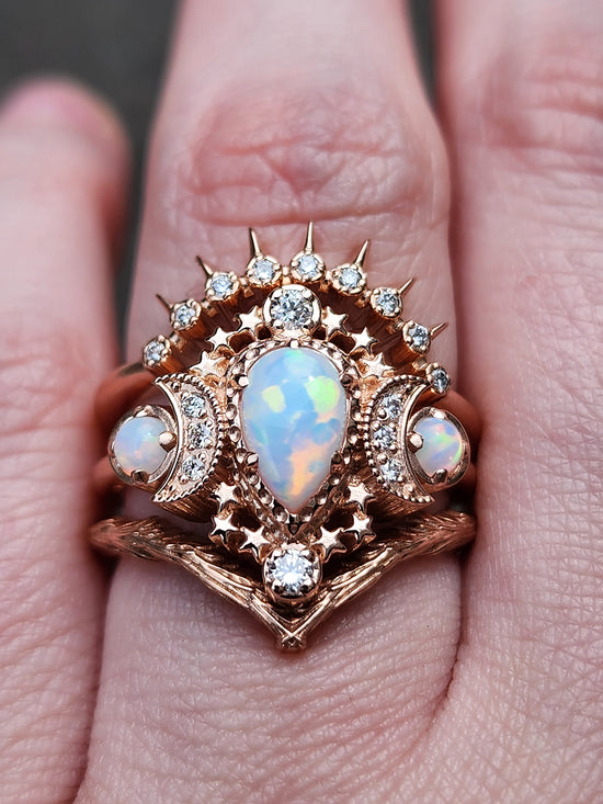 Pear Opal Cosmos Moon Ring with Diamonds - Star and Moon