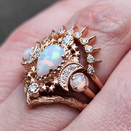 Pear Opal Cosmos Moon Ring with Diamonds - Star and Moon