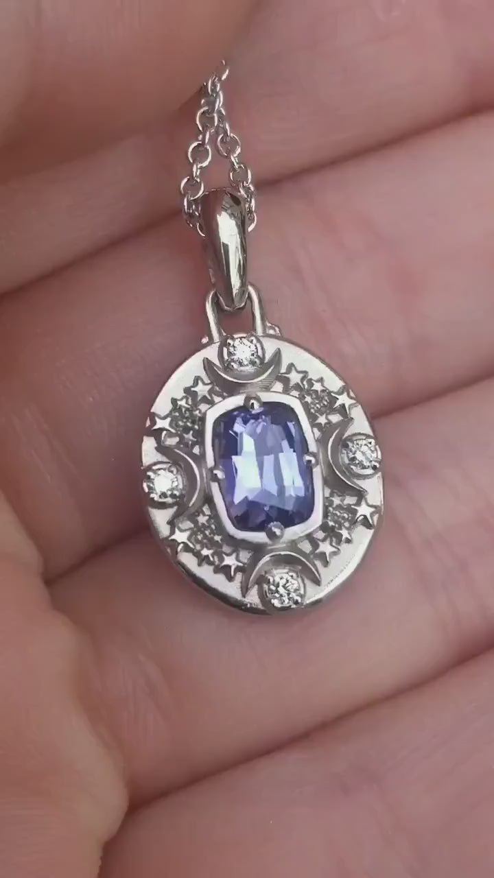 Load and play video in Gallery viewer, Ready to Ship - 1.13 carat Tanzanite Cushion Artemis Pendant with Crescent Moons &amp;amp; Stars - 14k Palladium White Gold - Celestial Necklace
