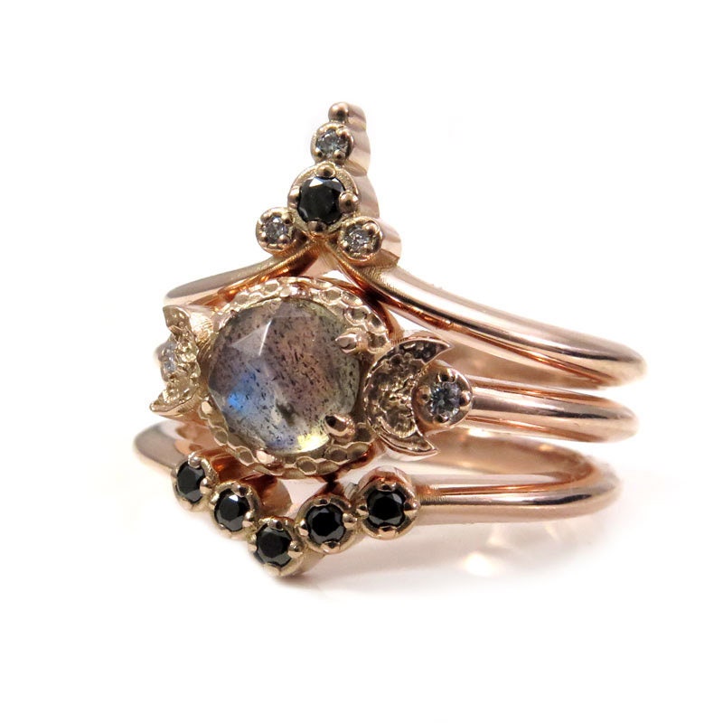 Ready to Ship Size 6 - 8 - Moon Temple Rose Gold Engagement Ring Set - Rose Cut Labradorite with Black and White Diamonds