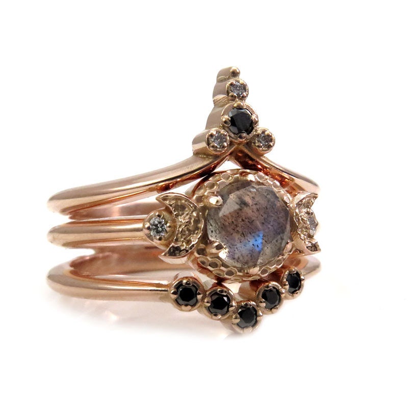 Ready to Ship Size 6 - 8 - Moon Temple Rose Gold Engagement Ring Set - Rose Cut Labradorite with Black and White Diamonds