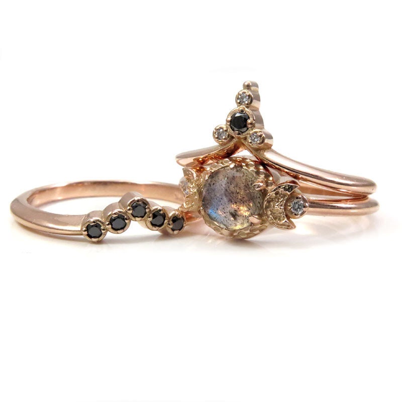 Ready to Ship Size 6 - 8 - Moon Temple Rose Gold Engagement Ring Set - Rose Cut Labradorite with Black and White Diamonds