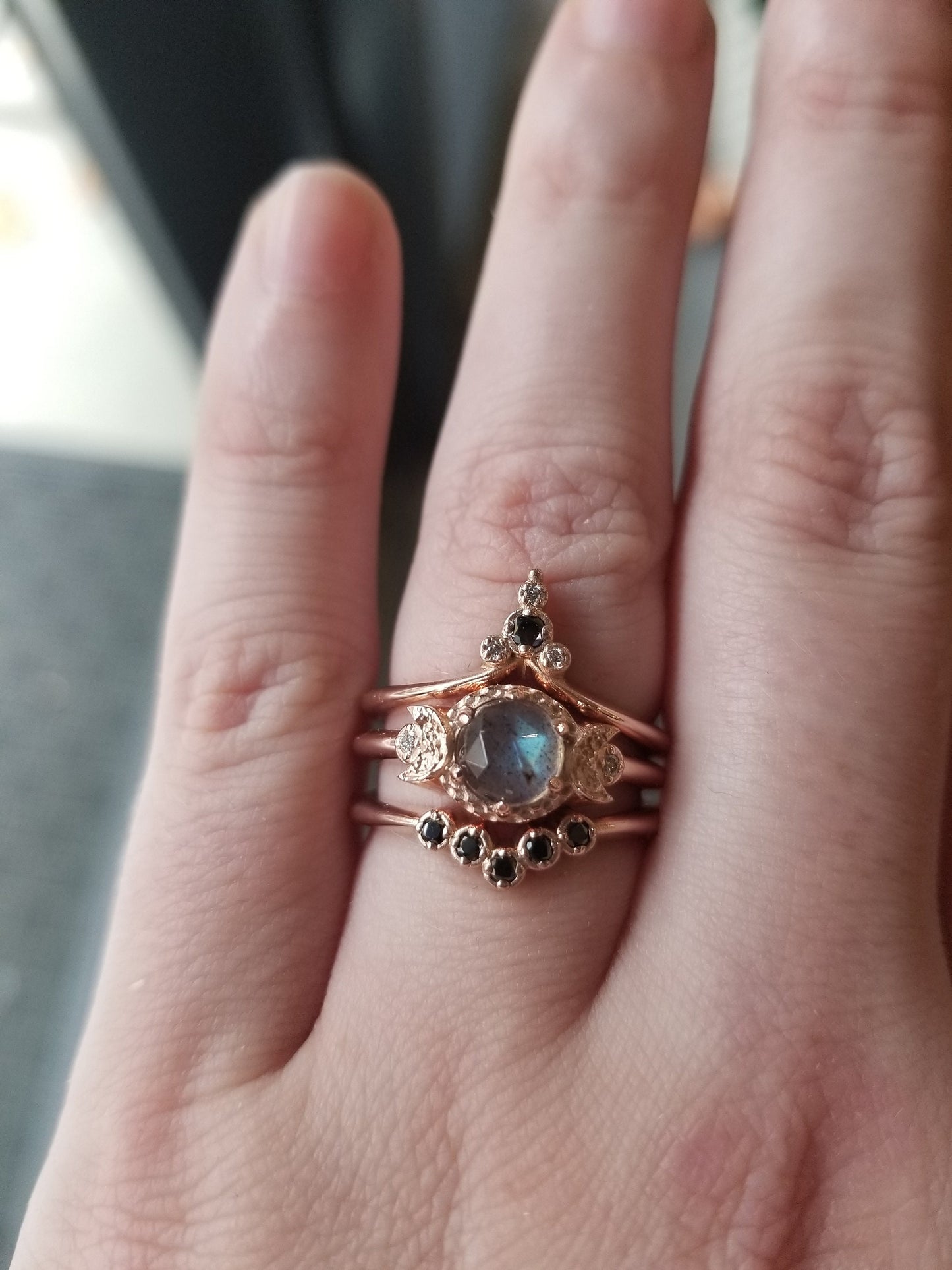 Ready to Ship Size 6 - 8 - Moon Temple Rose Gold Engagement Ring Set - Rose Cut Labradorite with Black and White Diamonds