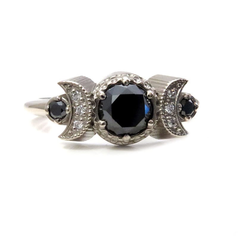 Hecate Moon Engagement Ring, Black & White Diamonds, 14k Palladium White Gold, Gothic Witchy Bohemian Jewelry, Black Diamond Wedding Ring