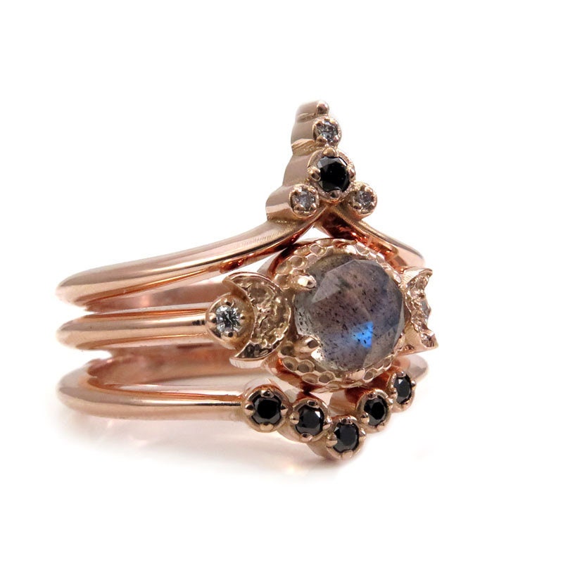 Ready to Ship Size 6 - 8 - Moon Temple Rose Gold Engagement Ring Set - Rose Cut Labradorite with Black and White Diamonds