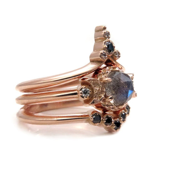 Ready to Ship Size 6 - 8 - Moon Temple Rose Gold Engagement Ring Set - Rose Cut Labradorite with Black and White Diamonds