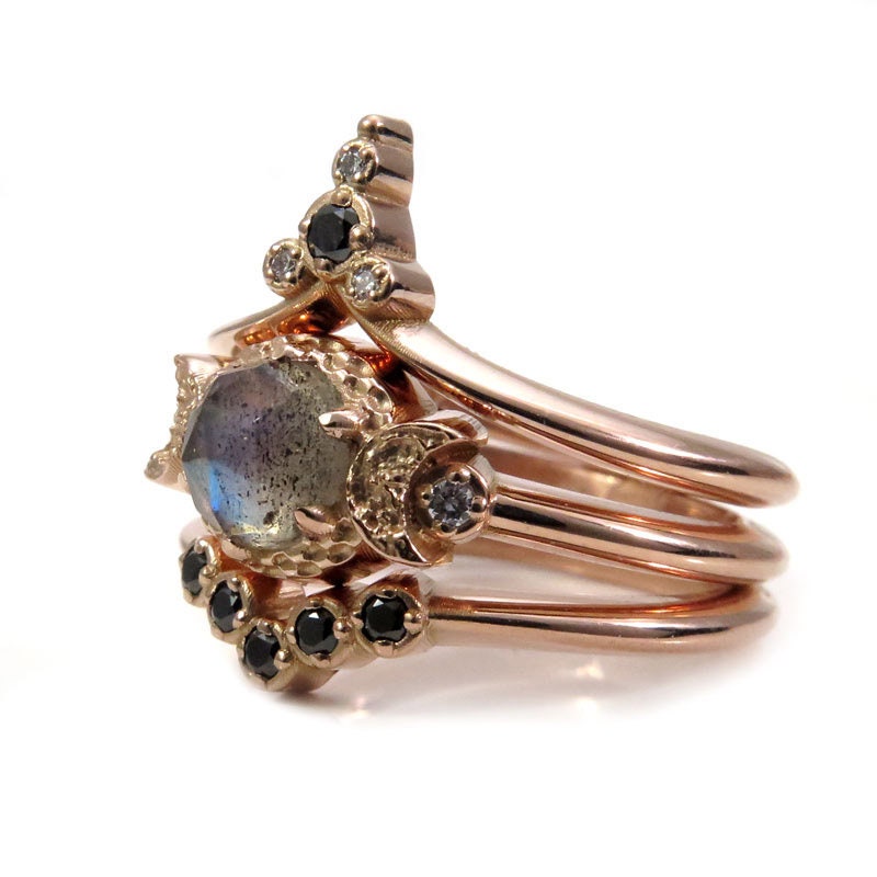 Ready to Ship Size 6 - 8 - Moon Temple Rose Gold Engagement Ring Set - Rose Cut Labradorite with Black and White Diamonds