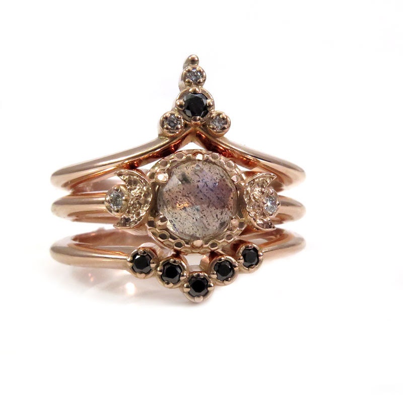 Ready to Ship Size 6 - 8 - Moon Temple Rose Gold Engagement Ring Set - Rose Cut Labradorite with Black and White Diamonds