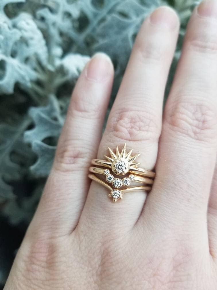 Sun Moon and Stars Stacking Ring Set - Sunburst with Diamond and