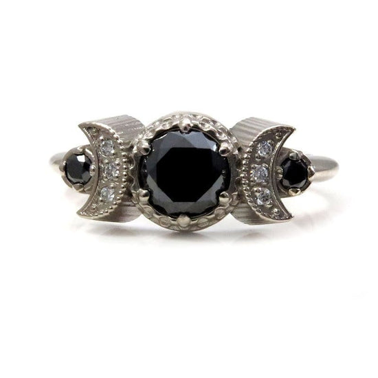 Hecate Moon Engagement Ring, Black & White Diamonds, 14k Palladium White Gold, Gothic Witchy Bohemian Jewelry, Black Diamond Wedding Ring