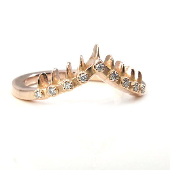 Ready to Ship Size 5.5 -7.5 - Spiked Crown Chevron Pave Diamond Wedding Band - 14k Rose Gold with Black or White Diamonds