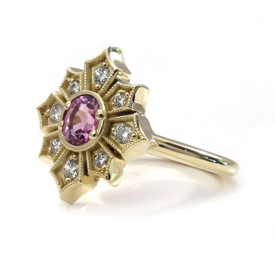 Ready to Ship Size 6 - 8 - Art Deco Star Yellow Gold Engagement Ring with Pink Spinel and White Diamonds