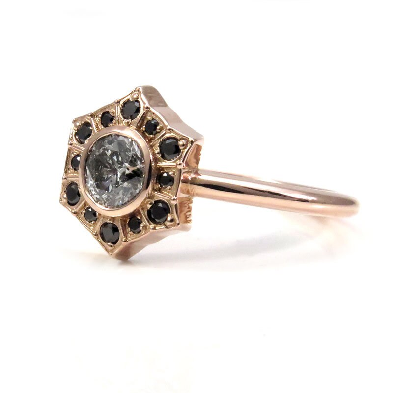 Ready to Ship Size 6 - 8 - Salt & Pepper Diamond Art Deco Halo Engagement Ring with Black Diamond Halo - 14k Rose Gold