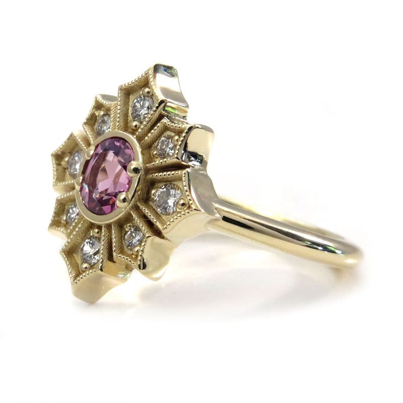 Ready to Ship Size 6 - 8 - Art Deco Star Yellow Gold Engagement Ring with Pink Spinel and White Diamonds