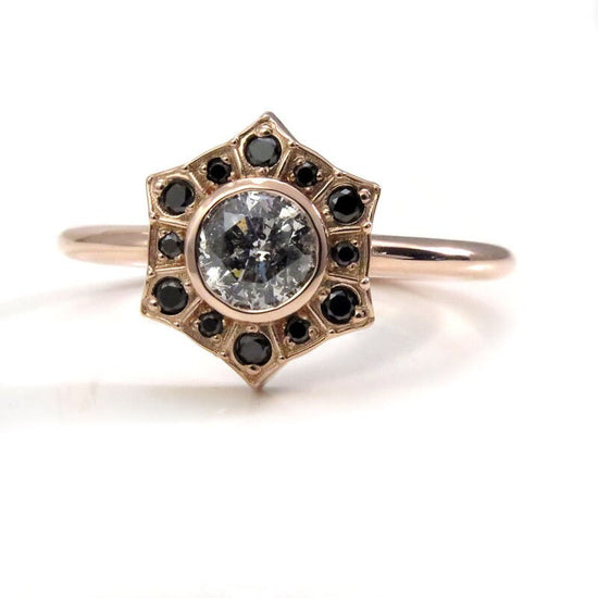 Ready to Ship Size 6 - 8 - Salt & Pepper Diamond Art Deco Halo Engagement Ring with Black Diamond Halo - 14k Rose Gold