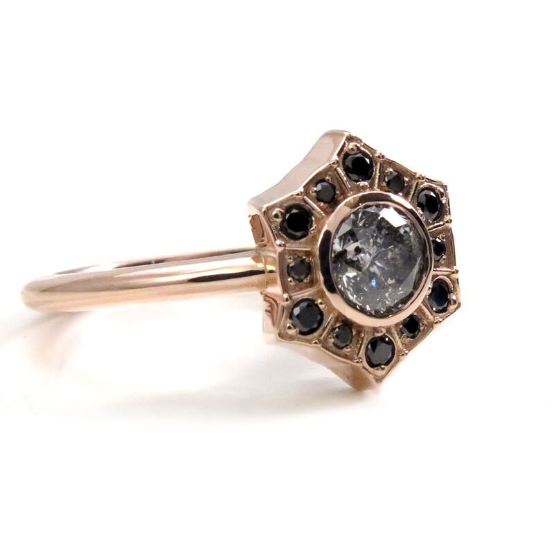 Ready to Ship Size 6 - 8 - Salt & Pepper Diamond Art Deco Halo Engagement Ring with Black Diamond Halo - 14k Rose Gold